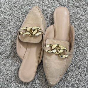 Beige Suede Chain-Accent Women's Slide Loafers